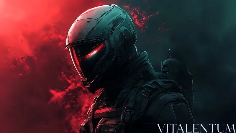 Cyberpunk combat operative in red teal atmospheric contrast.