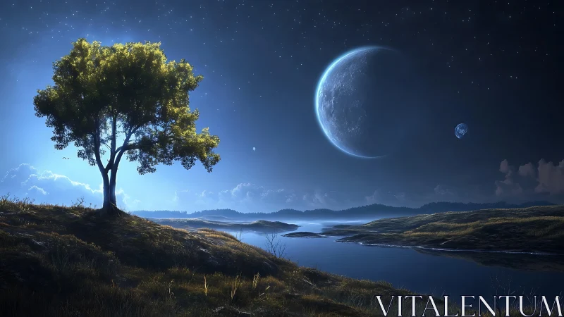 Lone riverside tree under dual moons in hyperreal night sky