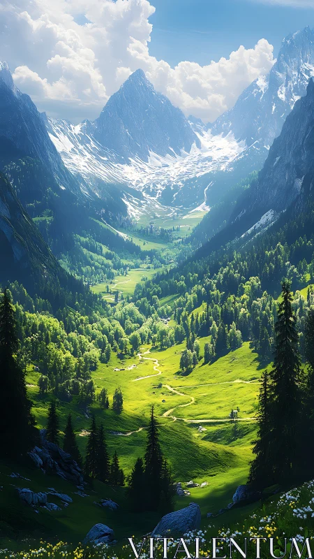 High dynamic alpine valley panorama with snowcapped peaks