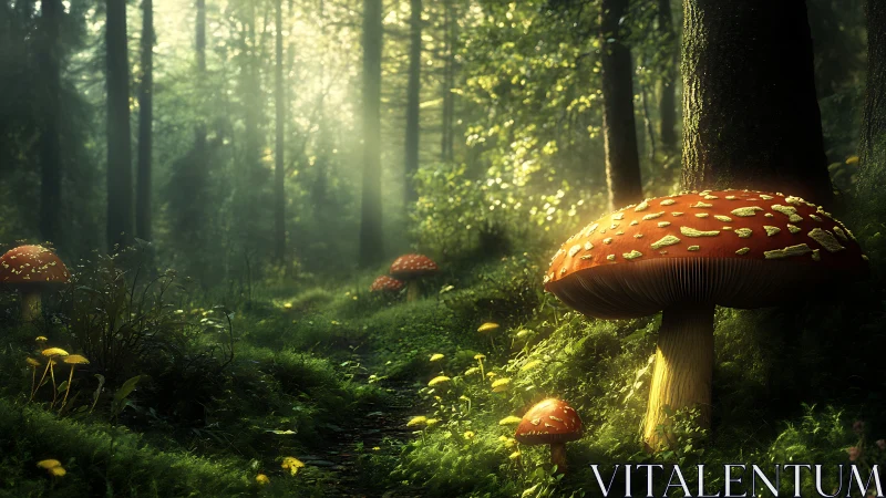 Enchanted Forest Mushroom Clearing in Golden Sunlight.