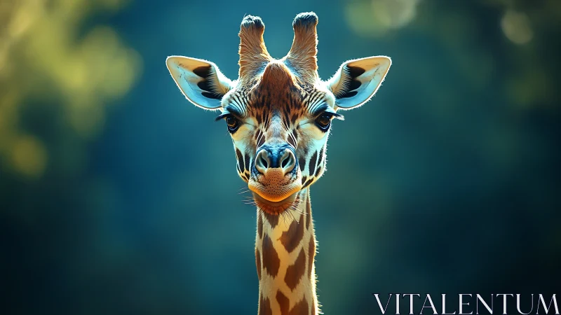 Golden hour giraffe gazes through dreamy teal bokeh glow.