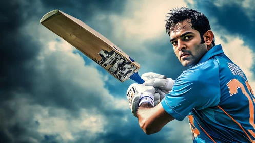 Cricket batter readies a powerful shot under dramatic skies