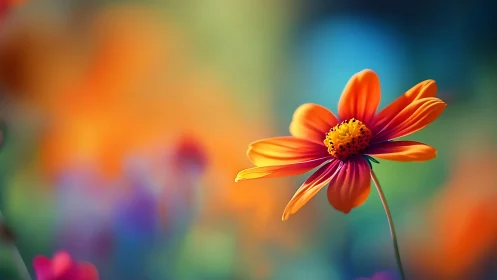 Vibrant Red-Orange Cosmos Flower Against Blurred Garden