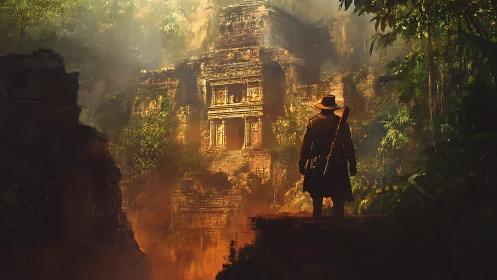 Explorer observing ancient jungle temple at sunrise.