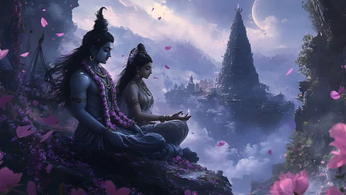 Meditating divine figures framed by aerial temple vista and petals