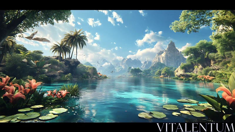 Tropical lake with cliffs, lilies, palms and distant birds.