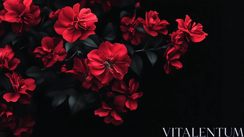 Red roses against dark background with foliage.