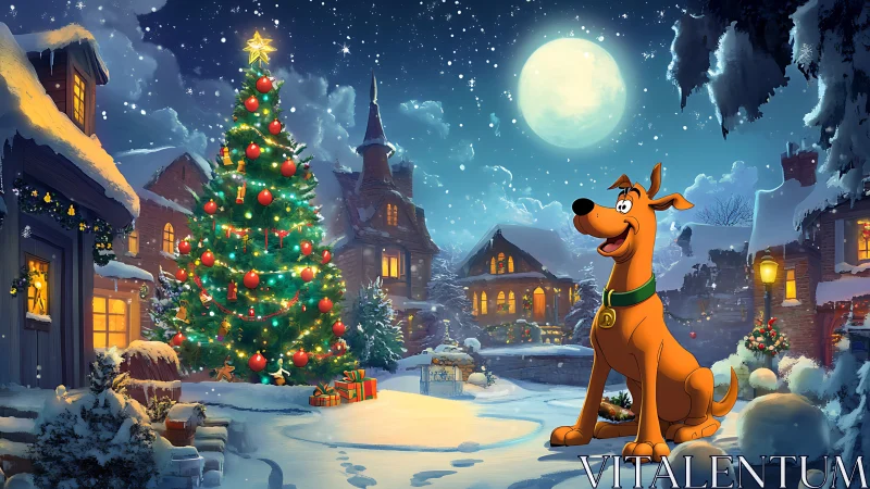 Midnight moon crowns a merry hound guarding Christmas glow