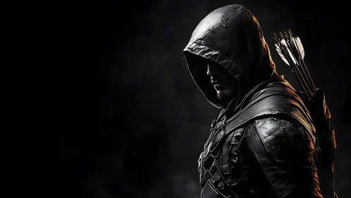 Shadowed archer stands ready in sleek hooded armor