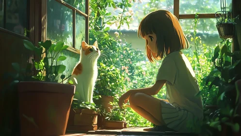 Girl and cat in sunlit garden doorway with dense greenery.