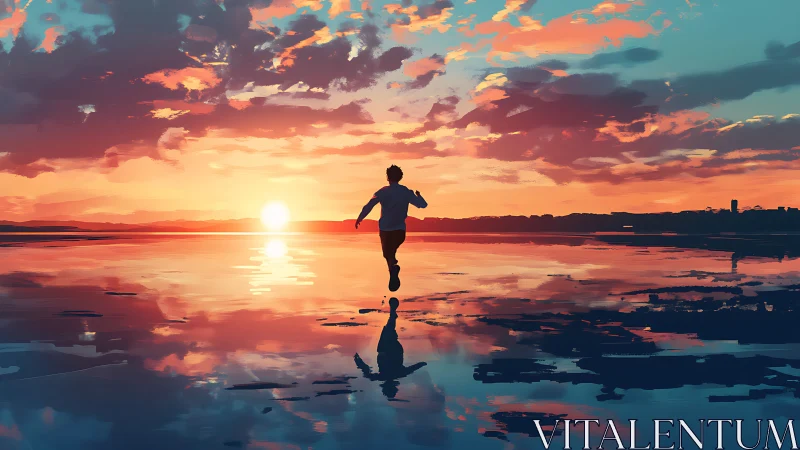 Runner crossing reflective shoreline under vivid sunset.