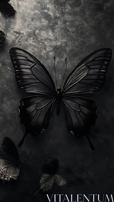 Dark monochrome butterfly on textured shadowed stone.