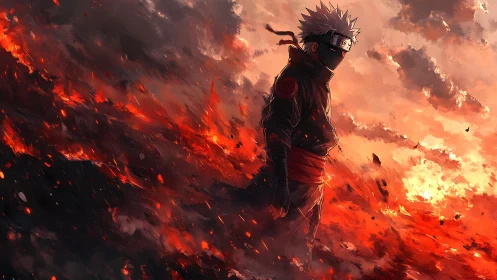 Masked anime warrior over burning battlefield horizon.