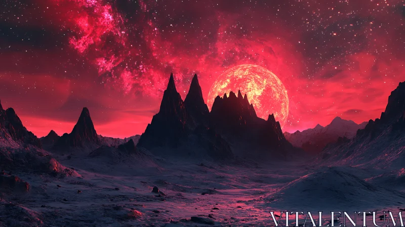 Crimson exoplanet valley with jagged basalt spires and red sun