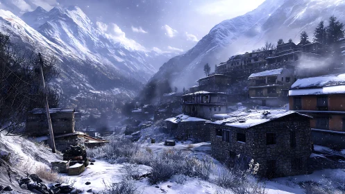 Snow-Blanketed Mountain Village Nestled in Alpine Peaks