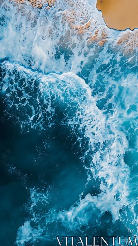 Aerial surf impact on sandy shoreline with turbulent foam detail