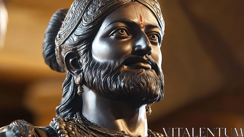 Regal metal bust of Indian warrior king under warm light