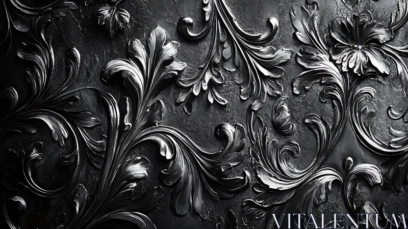 Baroque metallic floral relief on textured monochrome ground.