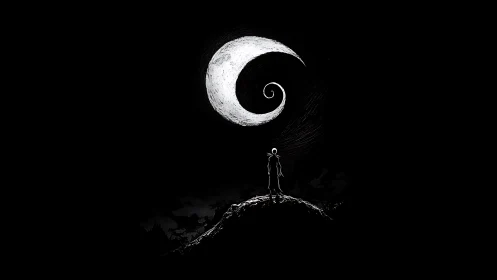 Figure on hilltop under large spiral moonlit sky.