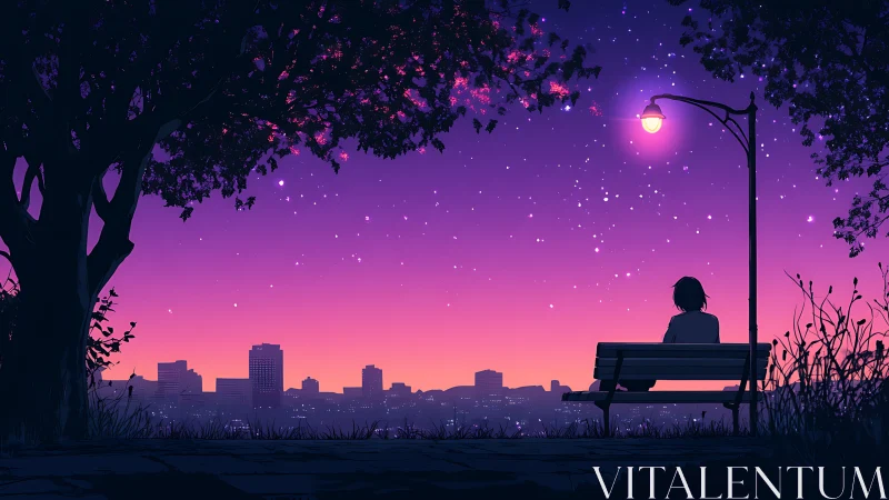 Solitary figure on park bench under starry city sky.