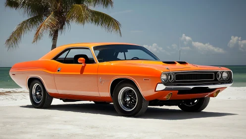Classic orange muscle car parked on sunny tropical beach.