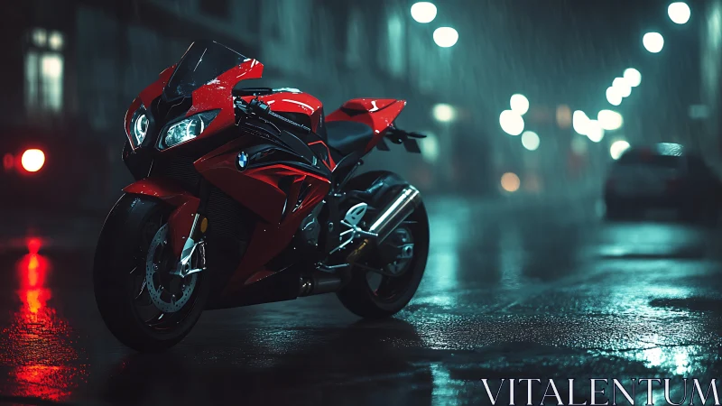 Red superbike stands under rain on wet neon city street