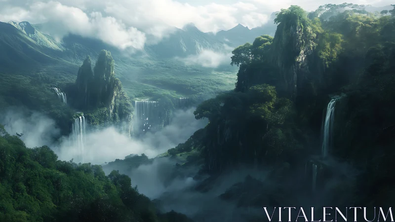 Misty green valley with dramatic cliffs and waterfalls.
