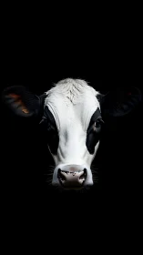 Calm cow portrait glowing gently from velvety darkness.