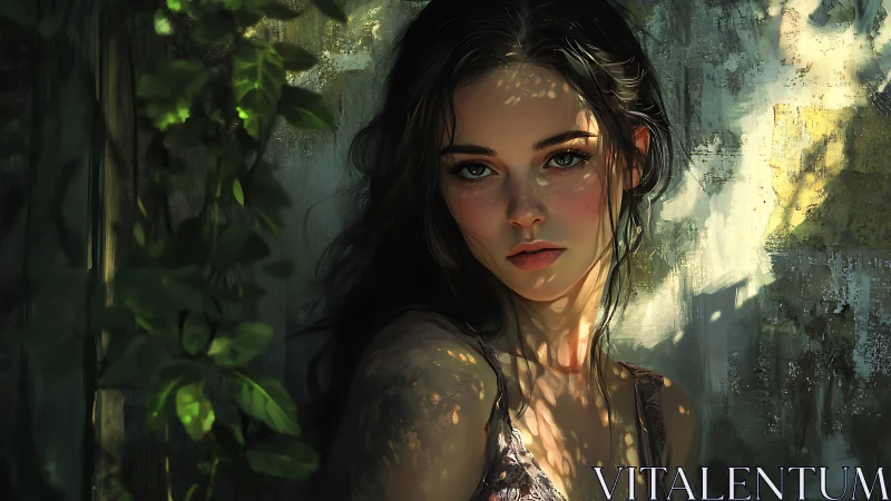 Sunlit portrait of young woman in dappled foliage shadow