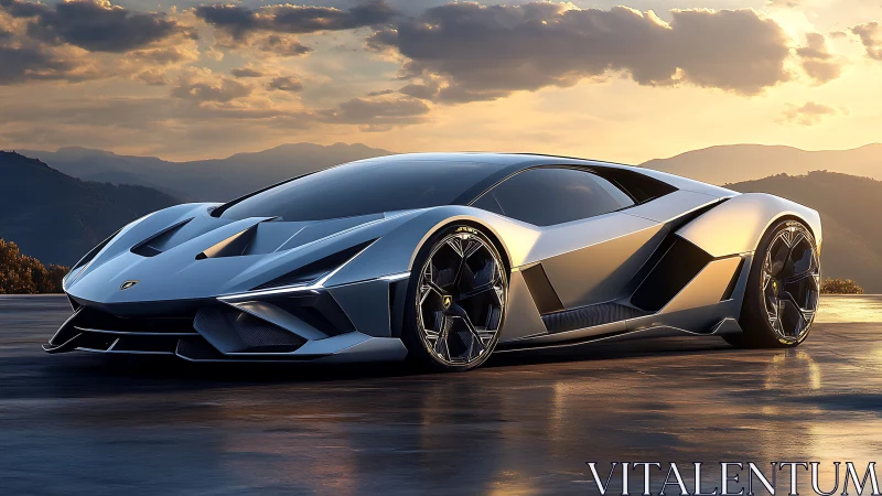 Futuristic silver hypercar rests on wet asphalt at sunset