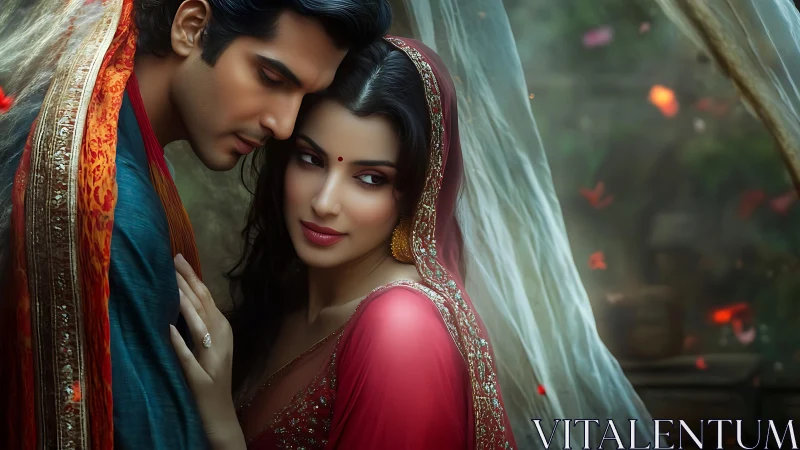 South Asian Wedding Couple in Traditional Attire Embracing