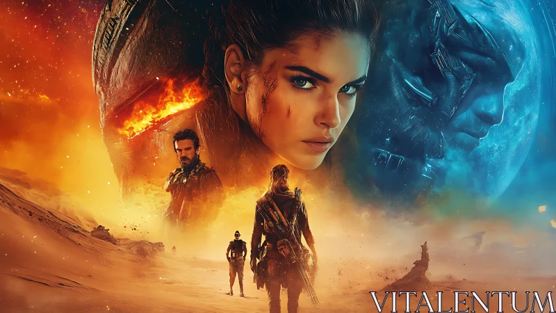 Sci-fi warriors stand on desert planet under looming faces