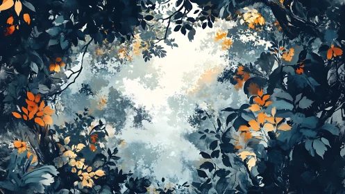 Luminous canopy: digital landscape with layered foliage and atmospheric light.