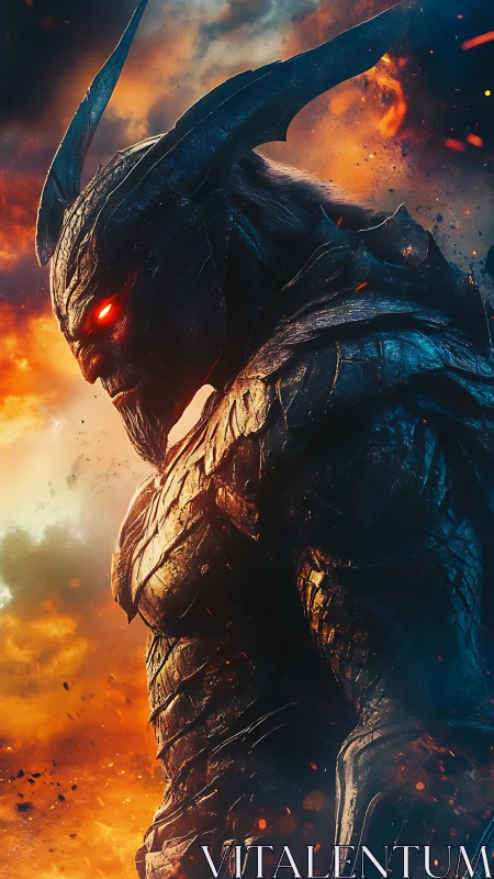 Armored infernal warrior rendered with high-contrast volumetric flames