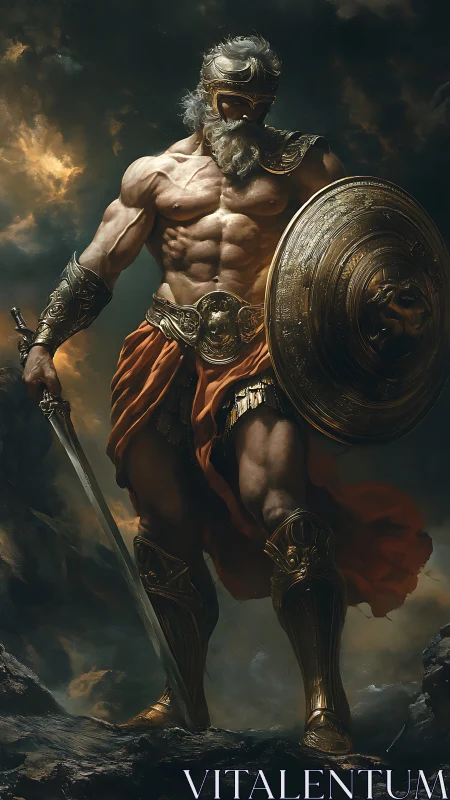 Armored warrior stands with shield and sword in storm