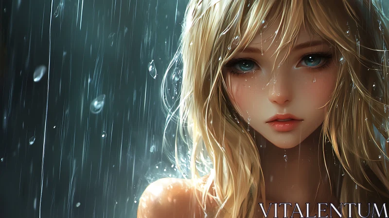 Blonde anime girl standing in falling rain, close portrait.