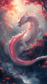 Crimson river dragon coils through a glowing autumn gorge.