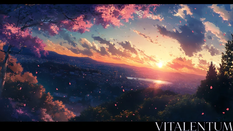 Anime city sunset framed by cherry blossom overlook.