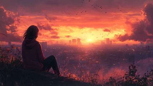 Solitary silhouette overlooking incandescent city sunset.