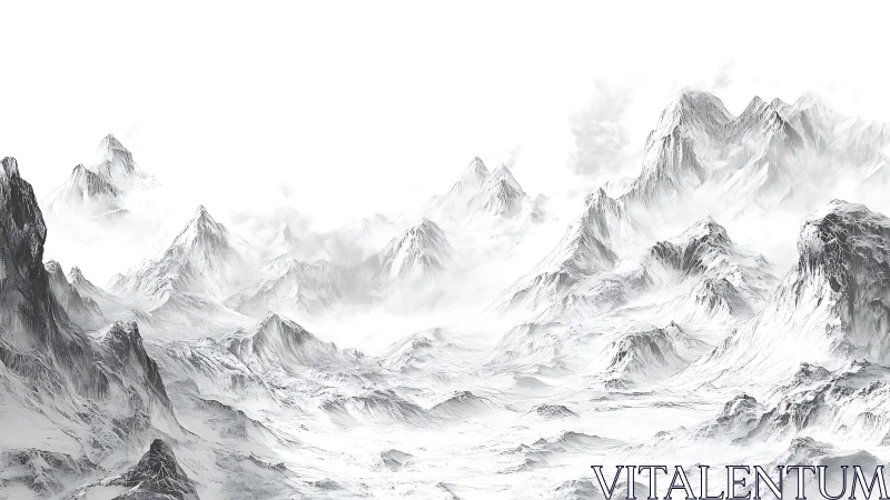 Monochrome digital alpine range with atmospheric depth study.