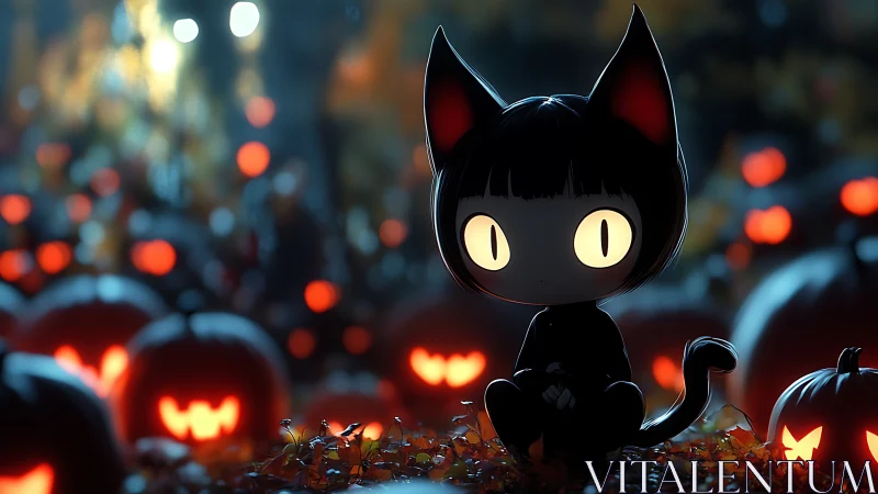 Sweet black cat child glowing in a cozy pumpkin patch.
