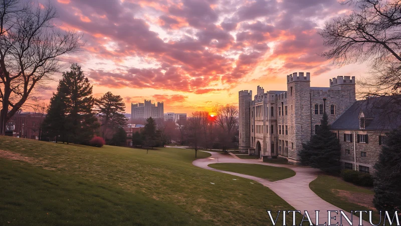 Stone campus buildings and lawn under structured sunset sky.