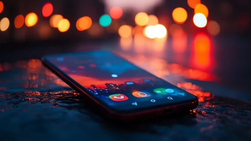 Low-angle smartphone close-up on neon-lit wet urban pavement.