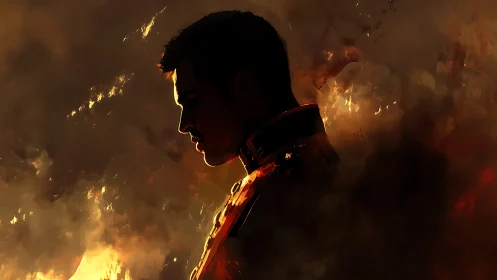 Silhouetted male figure stands amid diffuse fiery clouds