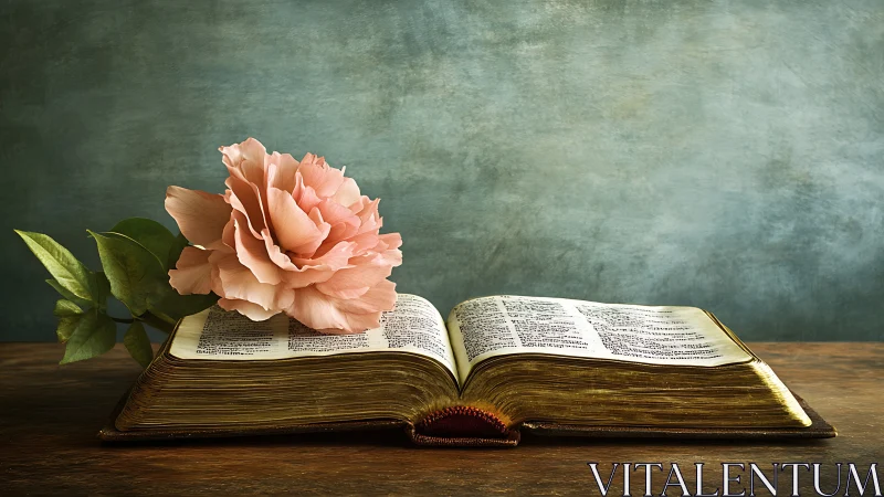 Soft petals lean over worn pages while wisdom glows quietly