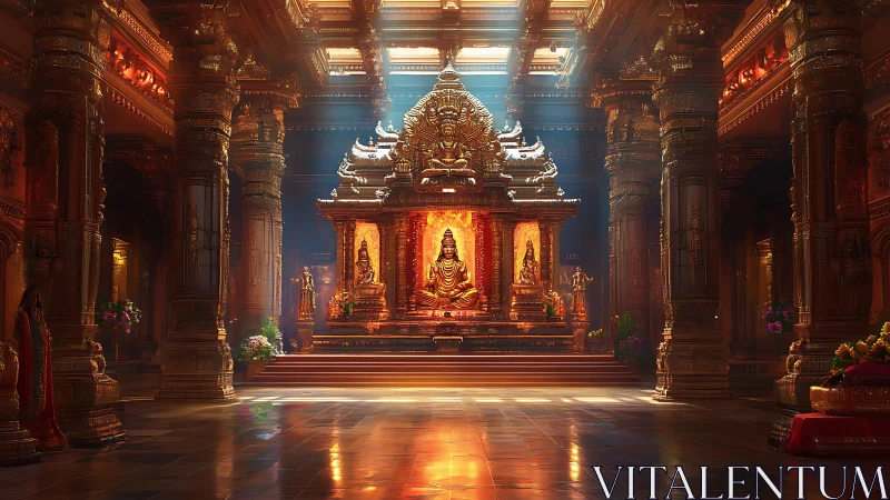 Golden temple sanctum shows luminous deity under skylight