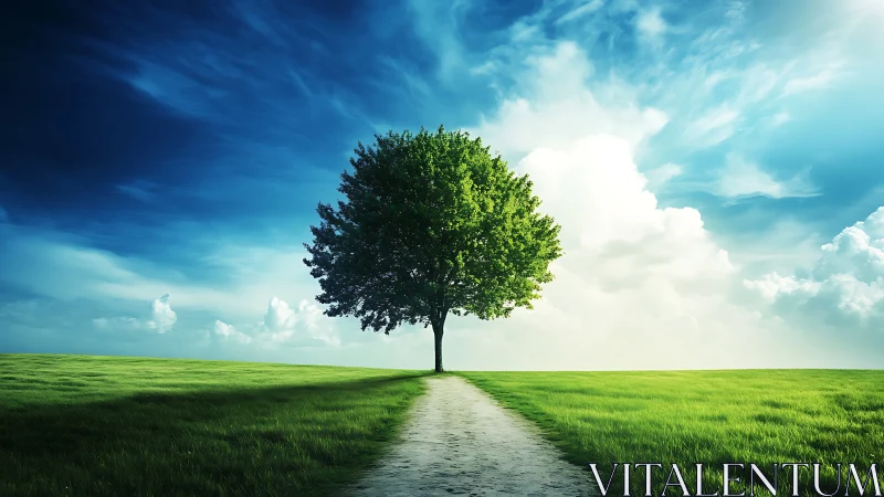 Solitary Tree on Vibrant Green Field with Dramatic Sky, Digital Art.