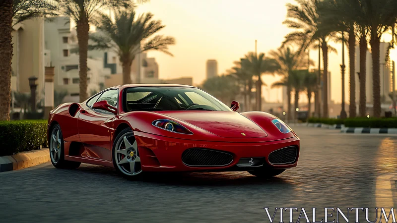 Ferrari F430 coup&eacute; under desert boulevard sunset lighting.