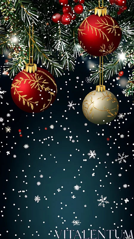 Glistening Christmas baubles glow softly amid falling snow