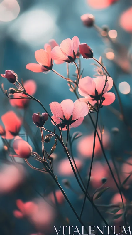 Pink cosmos flowers bloom against soft teal bokeh background.